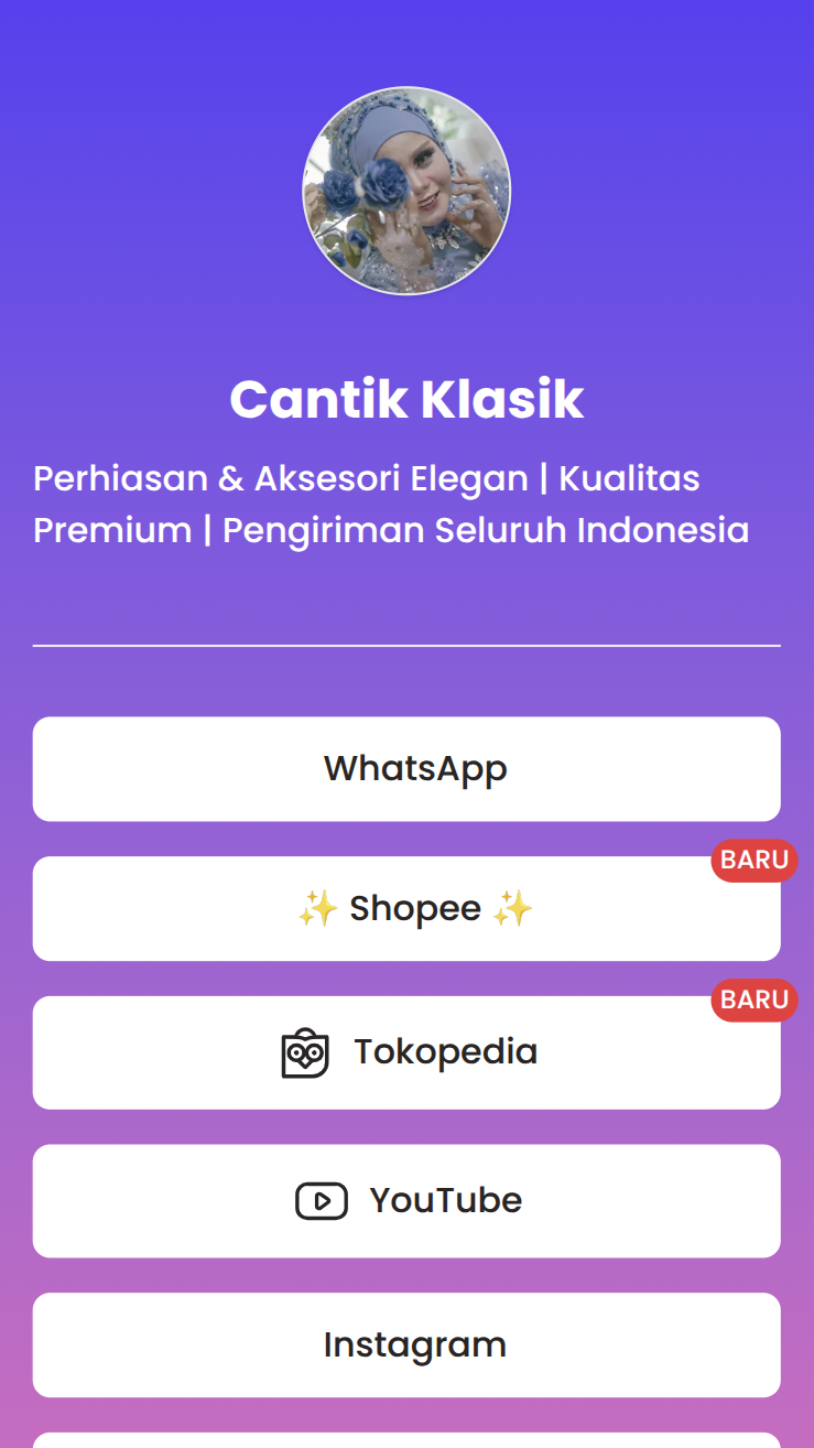 Contoh bio link untuk Instagram dengan link WhatsApp, Shopee, Tokopedia, YouTube, dan Instagram
