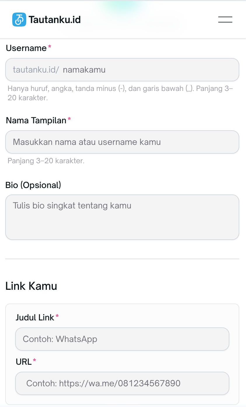 Formulir pembuatan bio link di Tautanku.id dengan kolom username, nama tampilan, dan link
