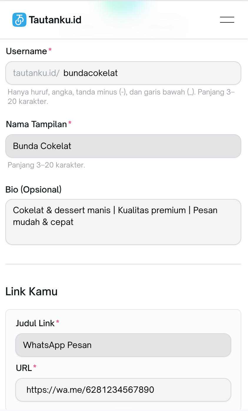 Contoh formulir bio link yang sudah diisi dengan username tokobaju dan link WhatsApp